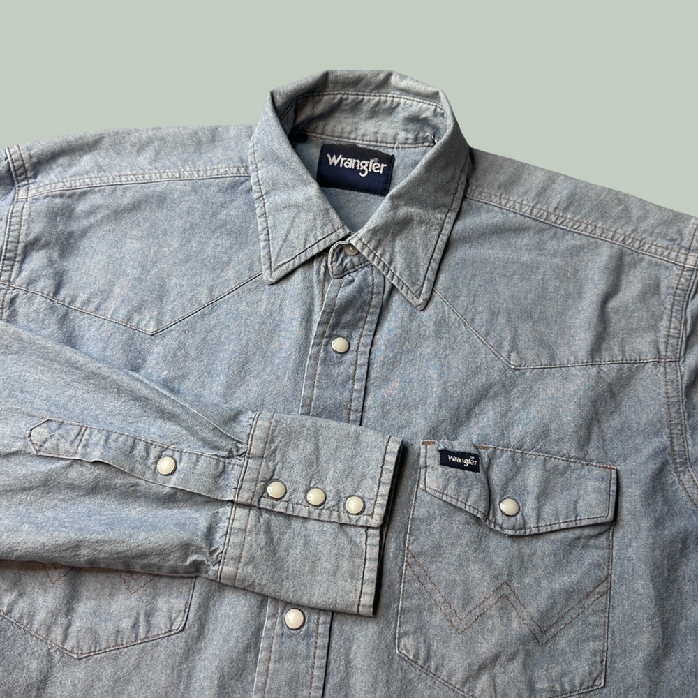 Wrangler Shirt Mens L MS709CH Blue Western Pearl Snap Chambray Cotton